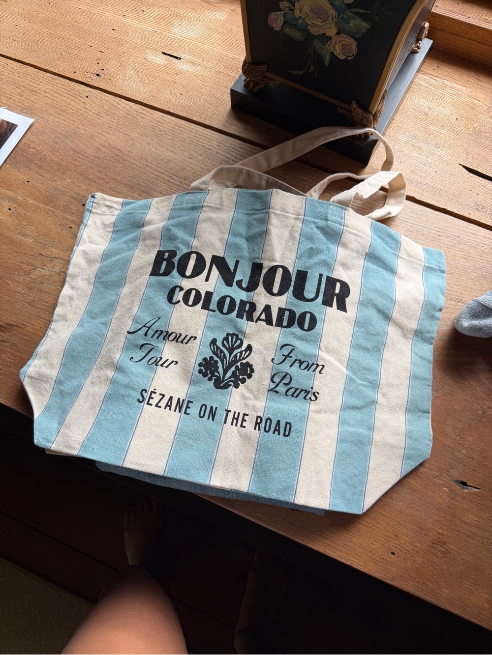 Sezane Blue and Cream Striped 'Bonjour Colorado' Canvas Tote